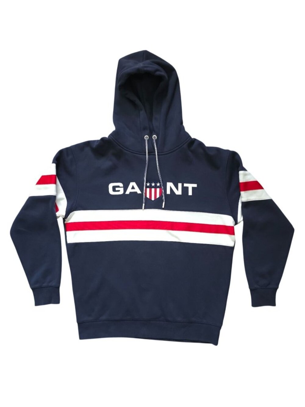 Gant Navy Relaxed Fit Shield Sweatshirt Hoodie w/ Red & White Stripes Men's L